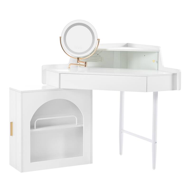 Corner Vanity Desk with Mirror & Lights, Wood Fluted Makeup Vanity Desk, Dressing Table with Large Storage Space