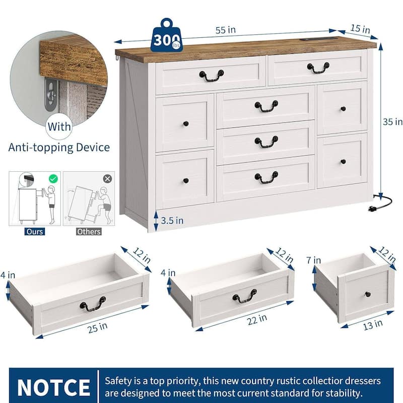 Farmhouse 9 Drawer Dresser with Charging Station for Living Room, Bedroom