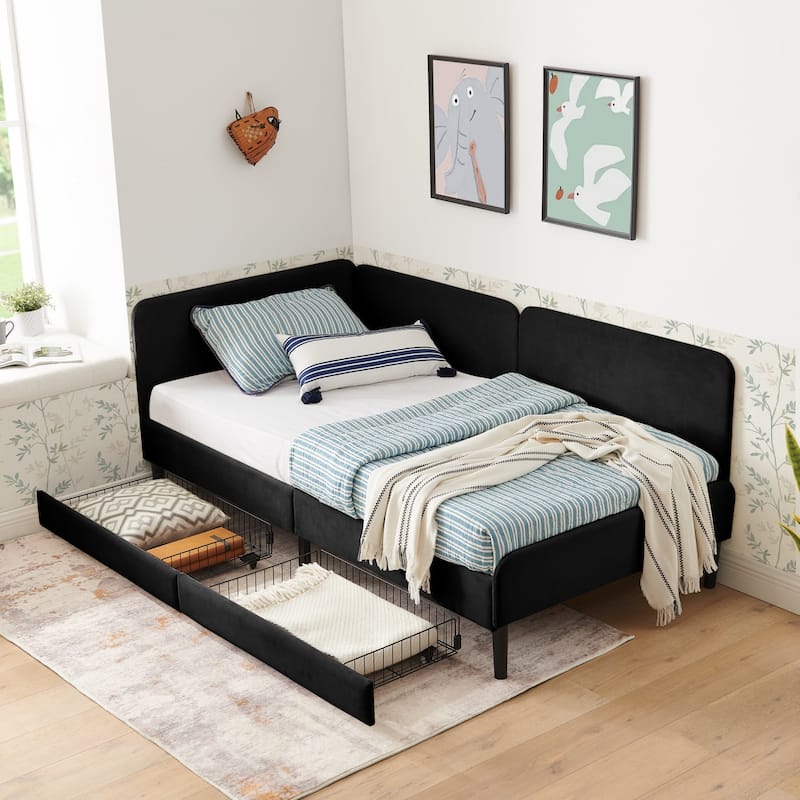 Velvet Upholstered Platform Bed Frame with 2 Storage Drawers - Black - Twin