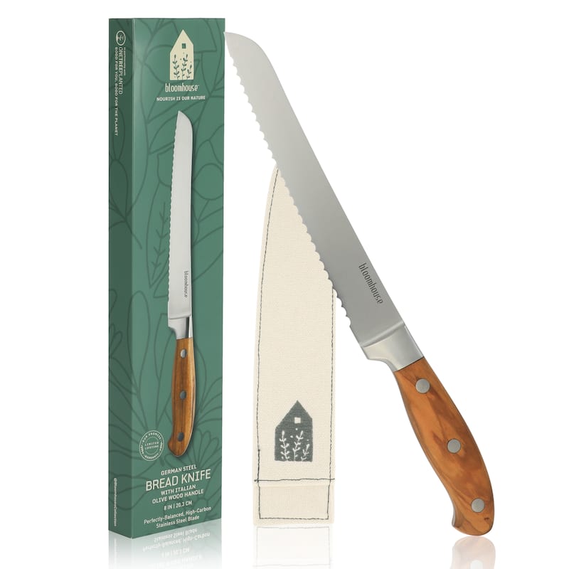 Bloomhouse 8 Inch German Steel Bread Knife W/ Italian Olive Wood Forged Handle
