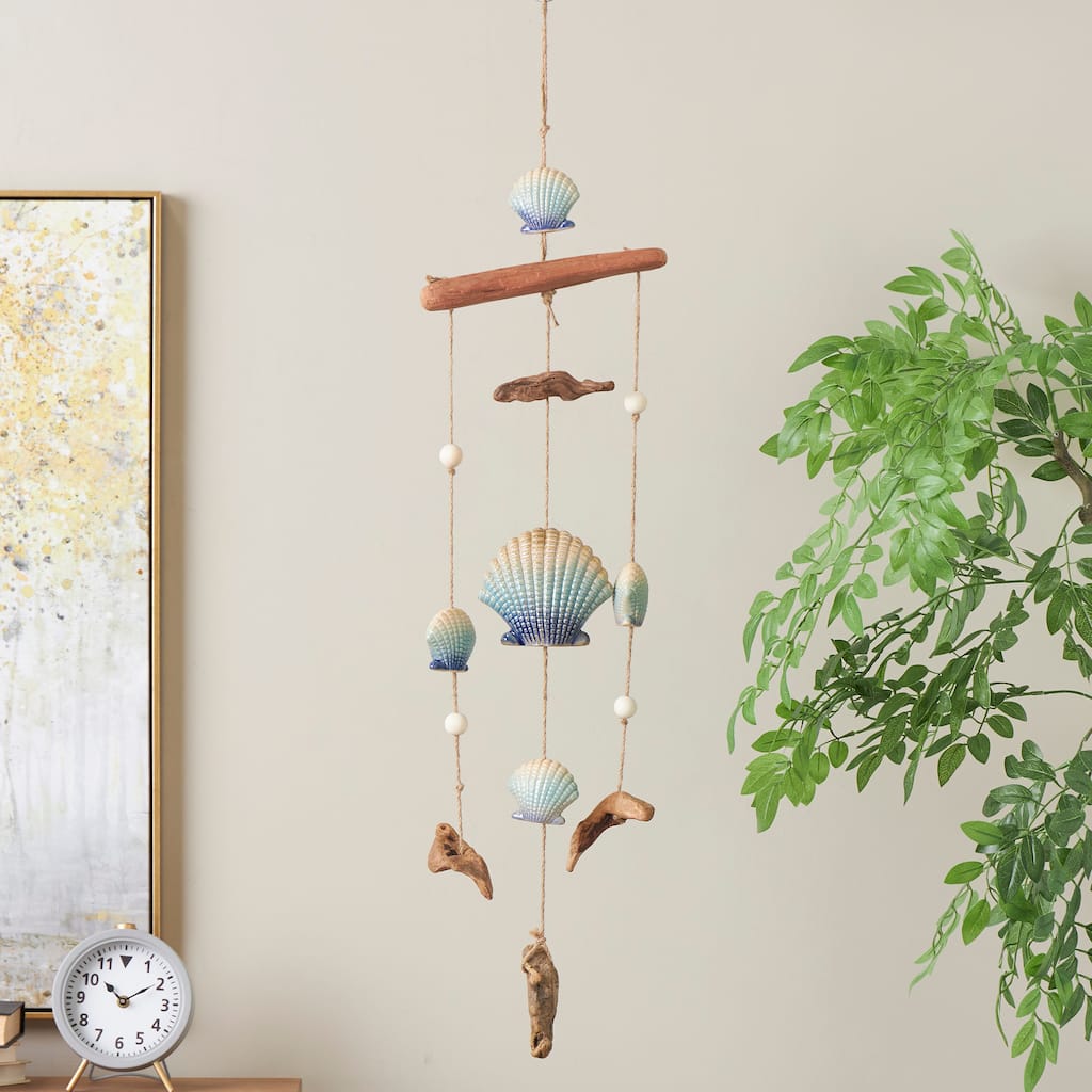 Blue Ceramic Handmade Ombre Shell Windchime with Driftwood and Bead Accents