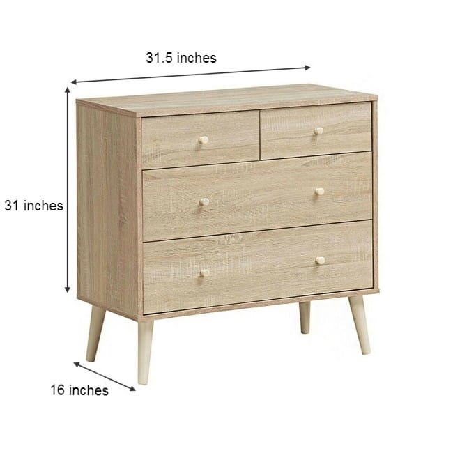 31.5” Wide Modern 4 Drawer Dresser with Easy Glide Rails and Rubber Wood Frame for Bedroom