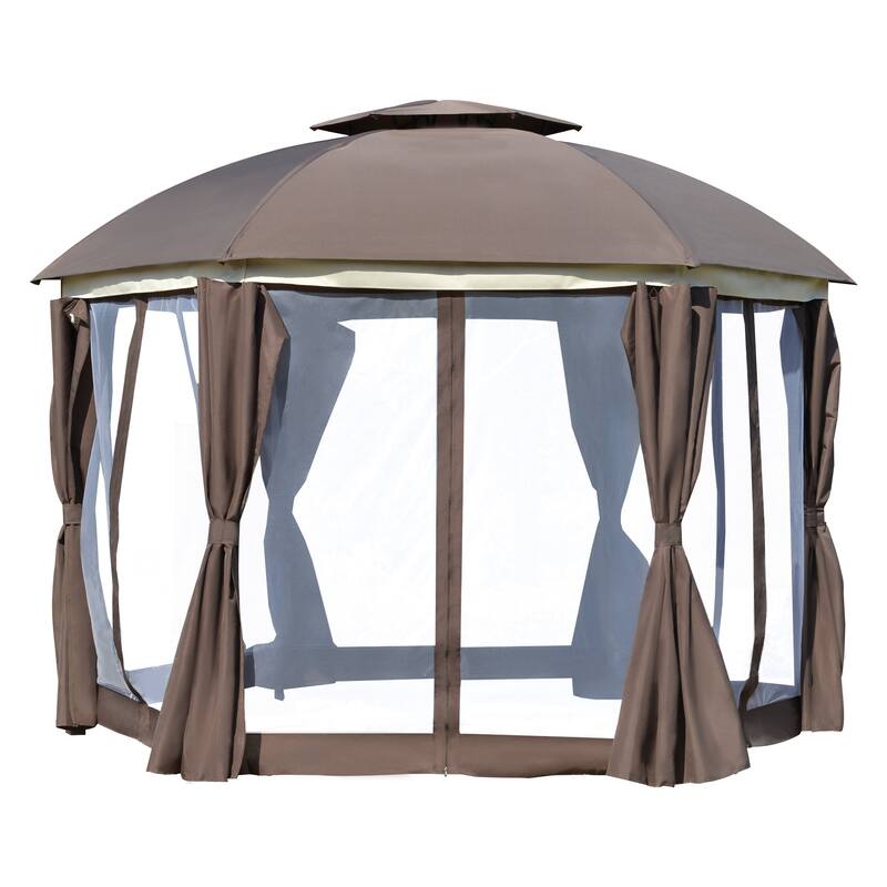 12' Round Outdoor Gazebo with Double Roof, Netting Sidewalls, and Privacy Curtains, Sturdy Steel Frame, Brown - Brown