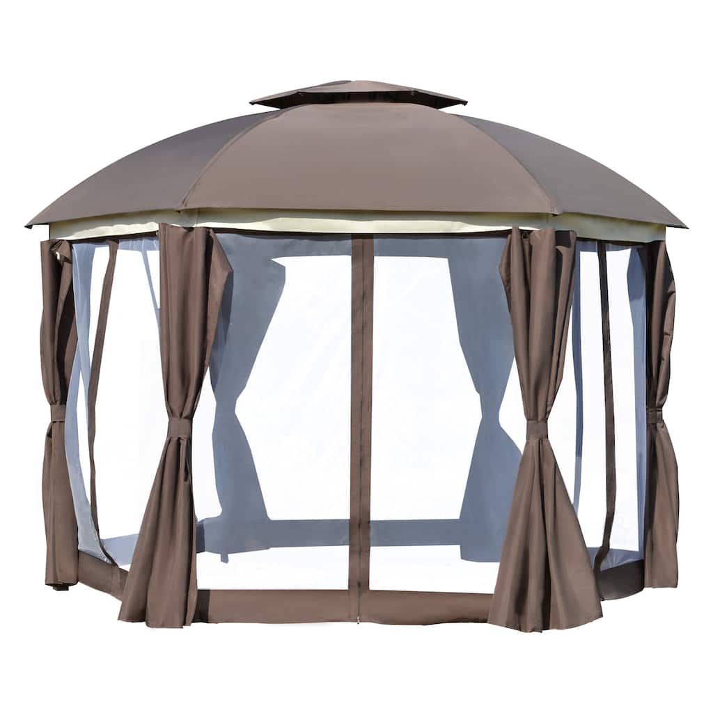 12' Round Outdoor Gazebo with Double Roof, Netting Sidewalls, and Privacy Curtains, Sturdy Steel Frame, Brown