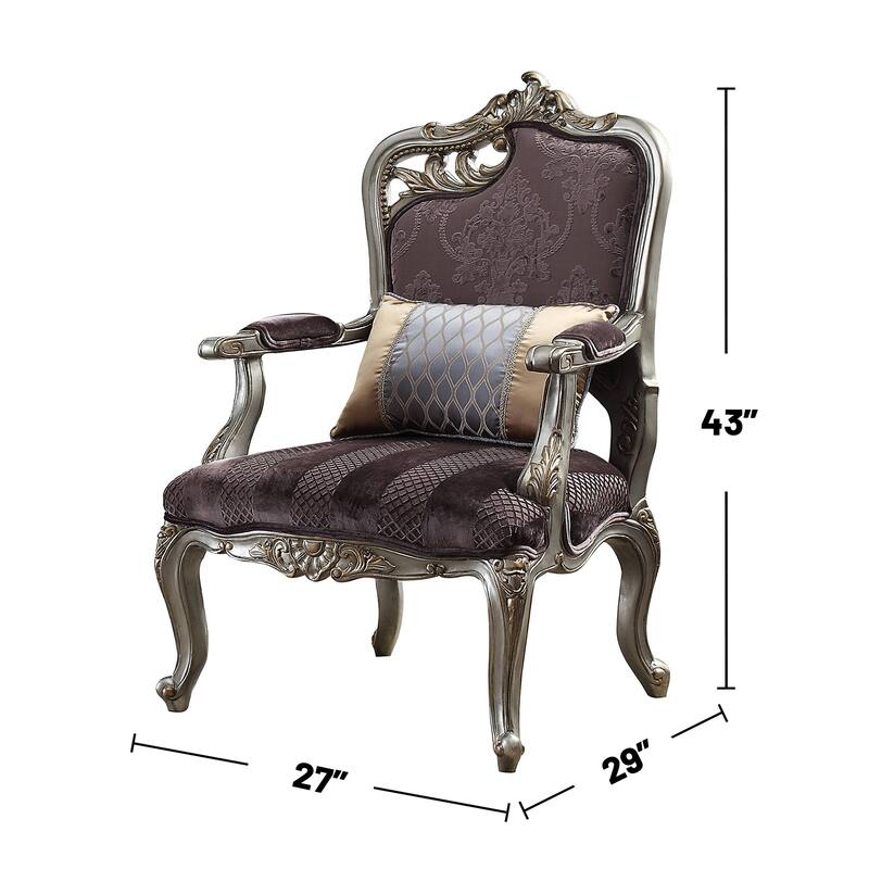 Velvet Upholstered Accent Chair with 1 Pillow in Antique Platinum
