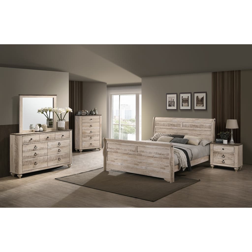 Imerland Contemporary White Wash Finish Bedroom Set with Queen Sleigh Bed, Dresser, Mirror, Nightstand, Chest
