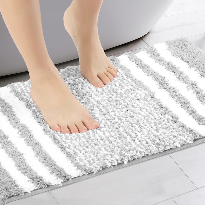 Bathroom Rug Mat, Extra Soft and Absorbent Microfiber Bath Rugs Fluffy Striped Non Slip Bathroom Floor Mat - Grey - 20" x 32"