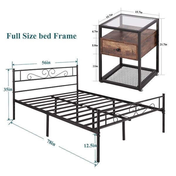 dimension image slide 2 of 3, 3-pieces Platform Bed Frame and Glass Top Nightstands Set of 2