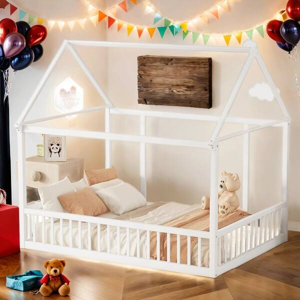 slide 2 of 13, Kid Bed Frame Full Size Floor Wooden Bed with House Roof and Safety Guardrails White