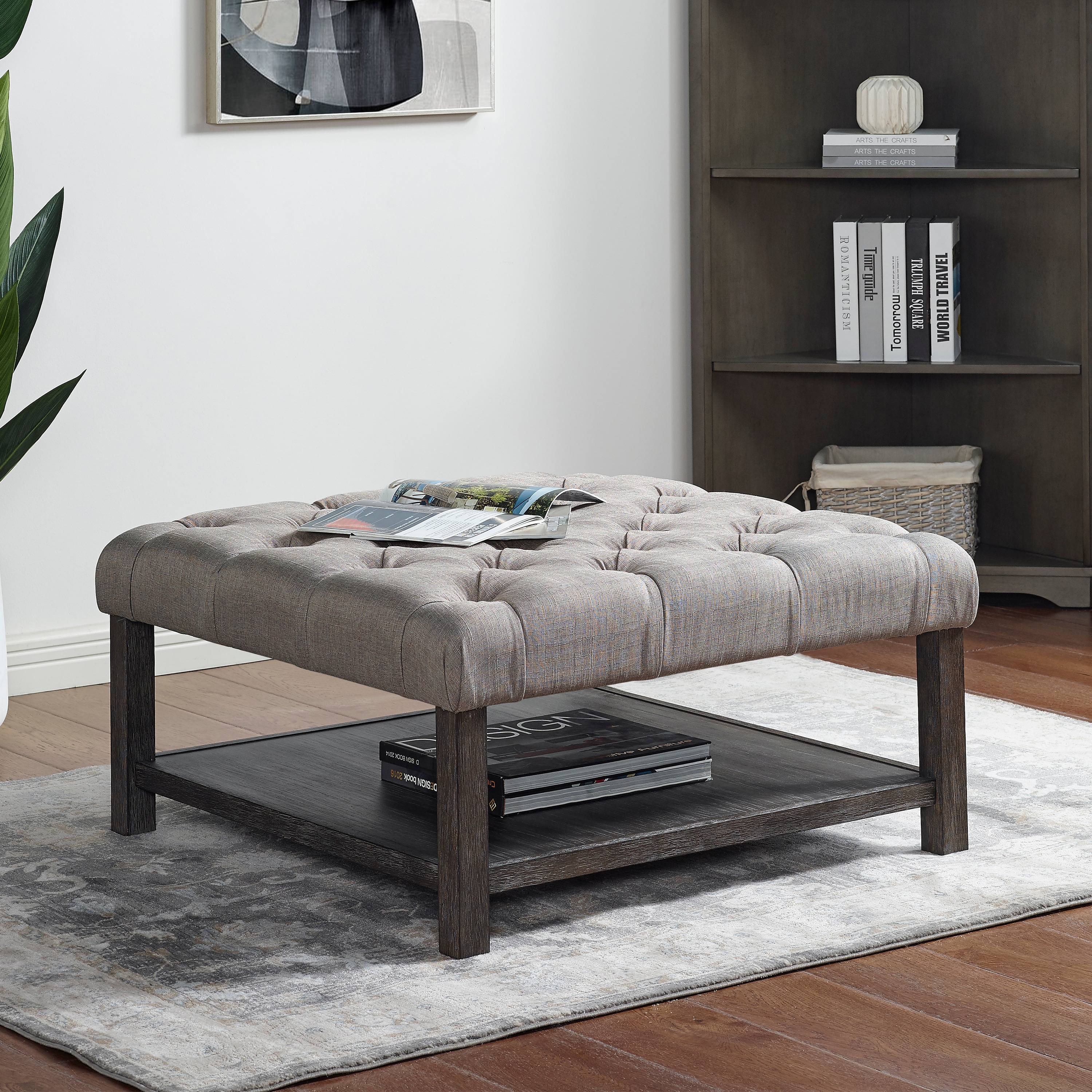 Furniture of America Belbeck Farmhouse Grey Fabric Tufted Square Cocktail Ottoman with Open-Shelf