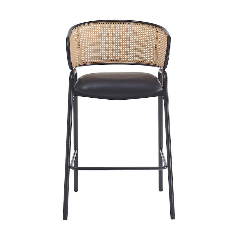 Christopher Knight Home - Rain Metal Frame Bar Stools (Set of 2) with Faux Leather Seat & Woven Rattan Back