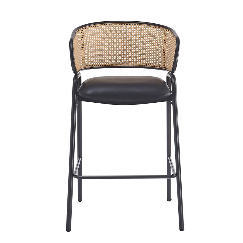 Roomfitters Ethan Indoor Metal Barstools with Woven Rattan Back and Faux Leather Seat, Black Set of 2 - Set of 2