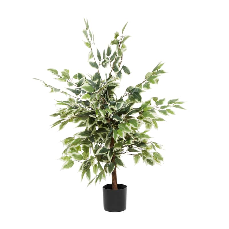 Green Faux Foliage Ficus Artificial Tree with Realistic Leaves and Black Plastic Pot