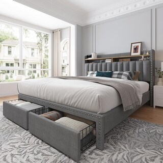Full Size Upholstered Platform Bed Frame with 2 Storage Drawers, Sturdy ...