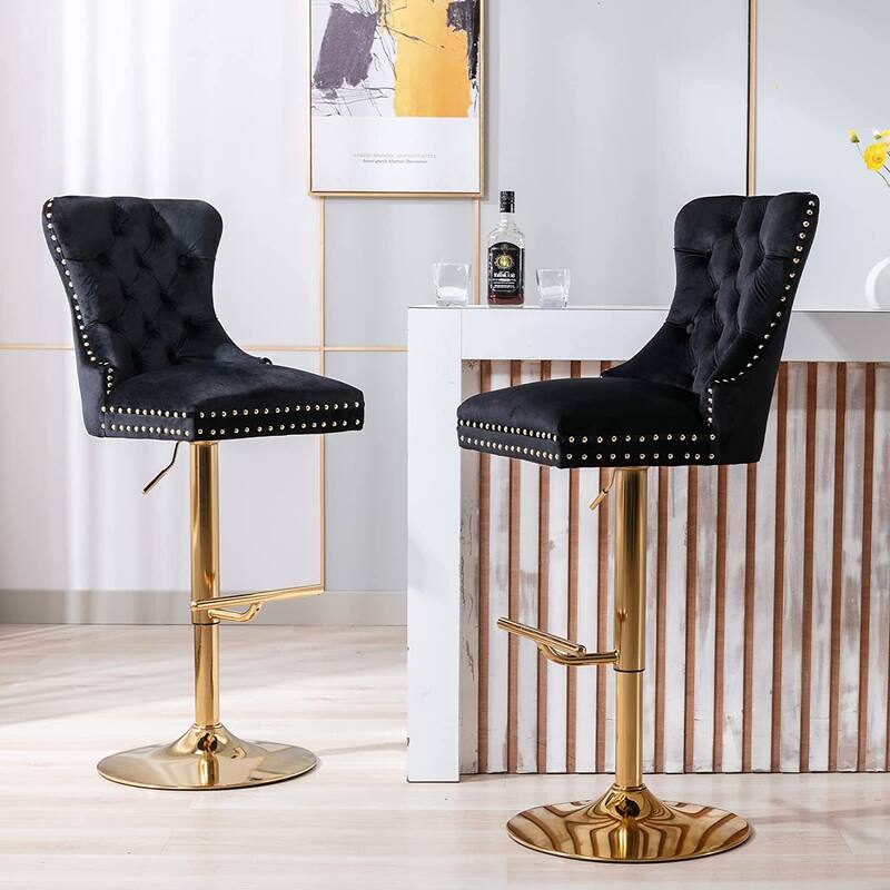 Swivel Bar Stools Chair Set of 2 Modern Adjustable Counter Height Bar Stools, Velvet Upholstered Stool with Tufted High Back