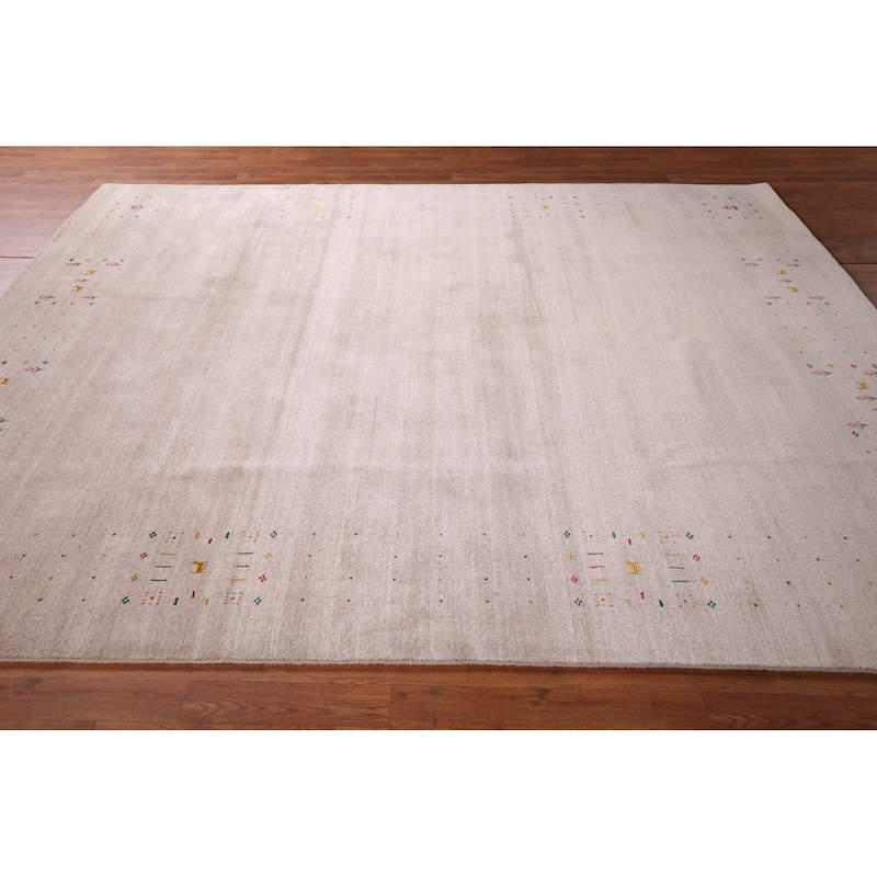 Gabbeh Indian Area Rug Hand-Knotted Oriental Beige Wool Carpet - 7'9" x 9'10"