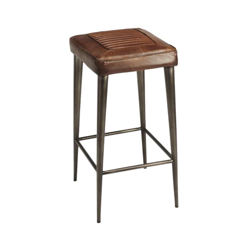 Brown-Grey Leather and Wood Backless Bar Stool with Iron Frame and Footrest - 17” L x 16” W x 32” H