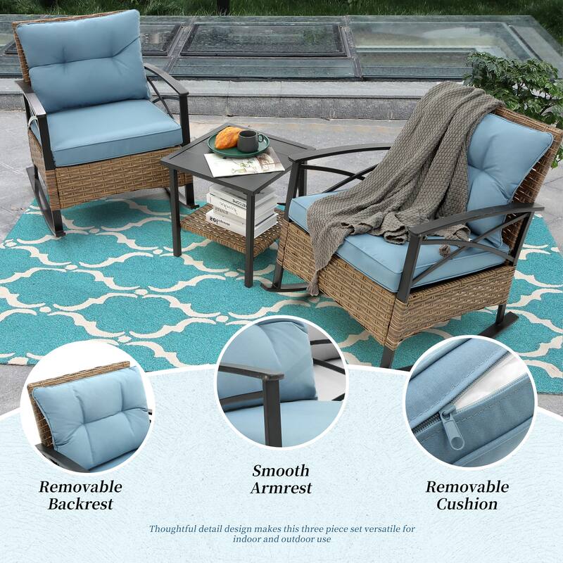 HOMEFUN 3-Piece Rattan/Wicker Outdoor Patio Rocking Cushions Chairs With Table