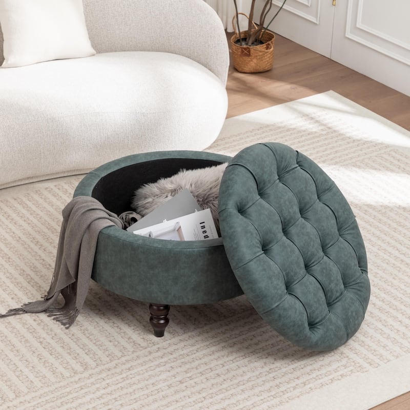 SEYNAR 29.5''Modern PU Leather Round Storage Ottoman with Wood Legs