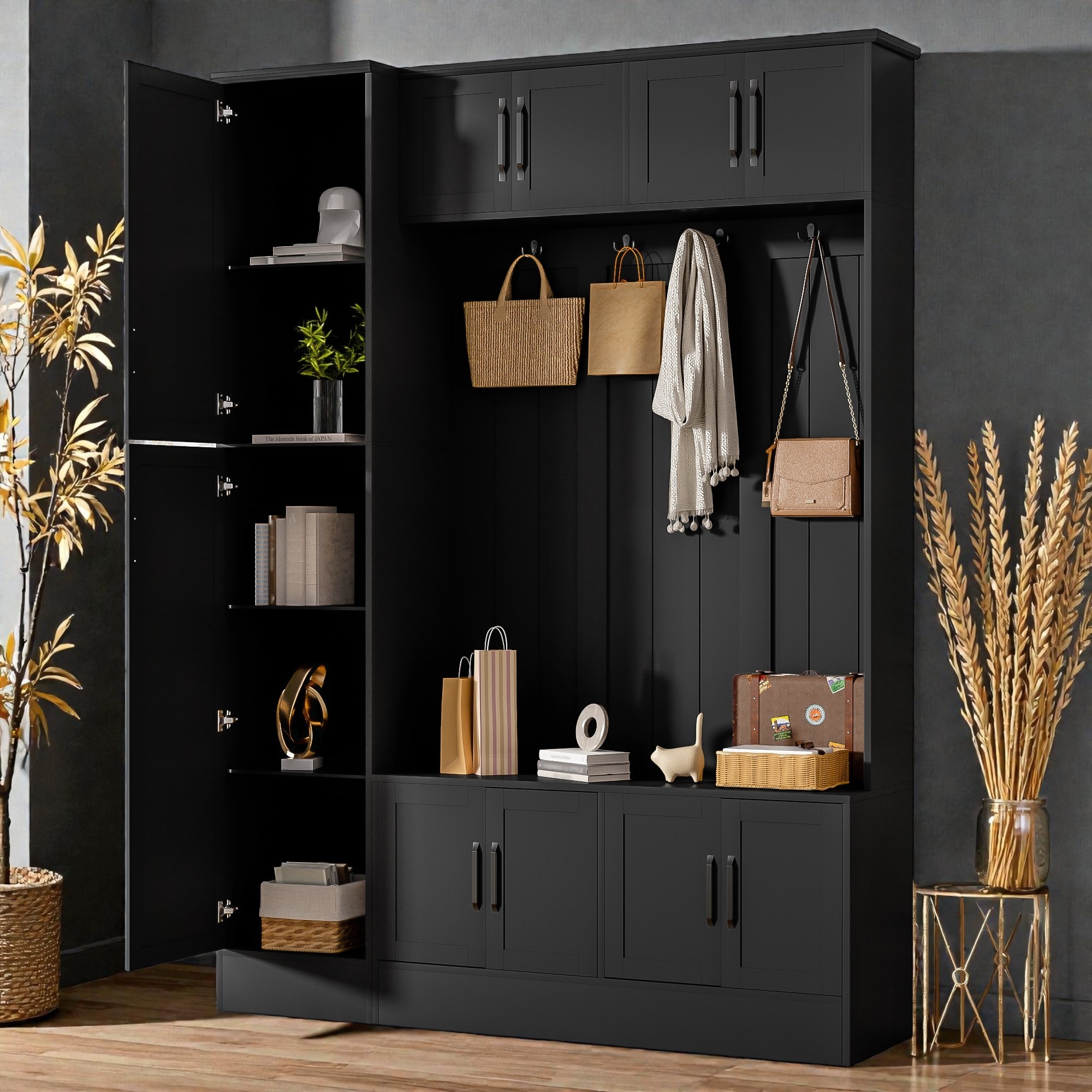 Hall Tree with Storage Bench, 6 Cabinets, Adjustable Shelves and 4 Hooks, Entryway Organizer with Seating - MDF