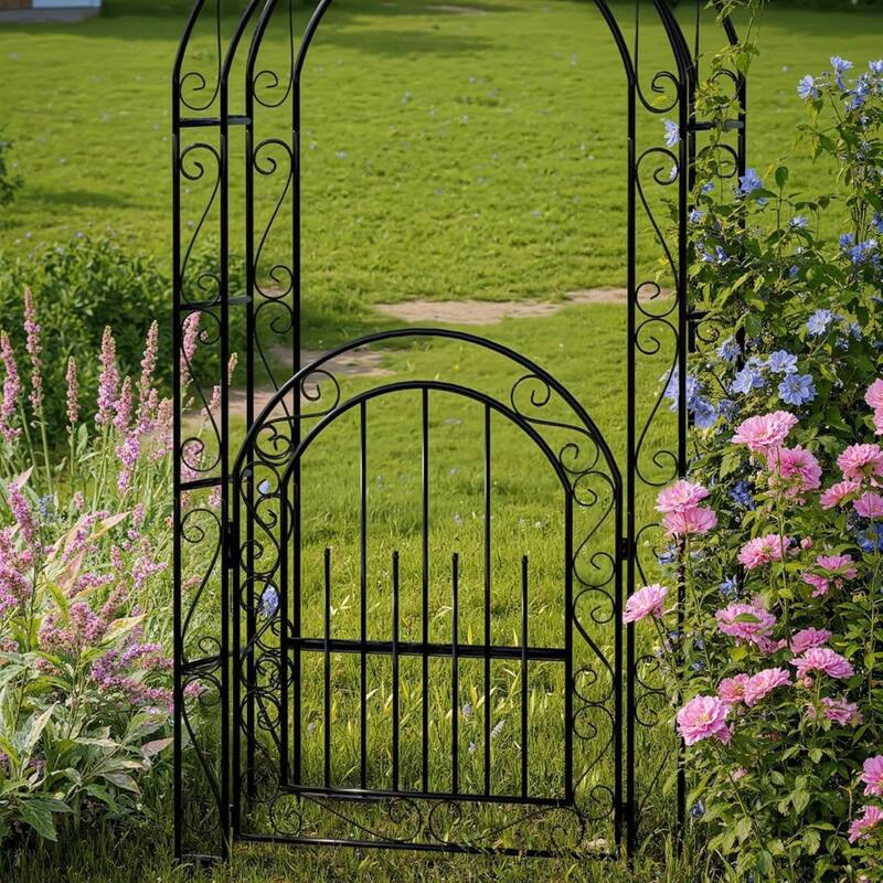 7 FT Elegant Garden Arch with Gate, Wedding Arbor for Climbing Roses & Vines