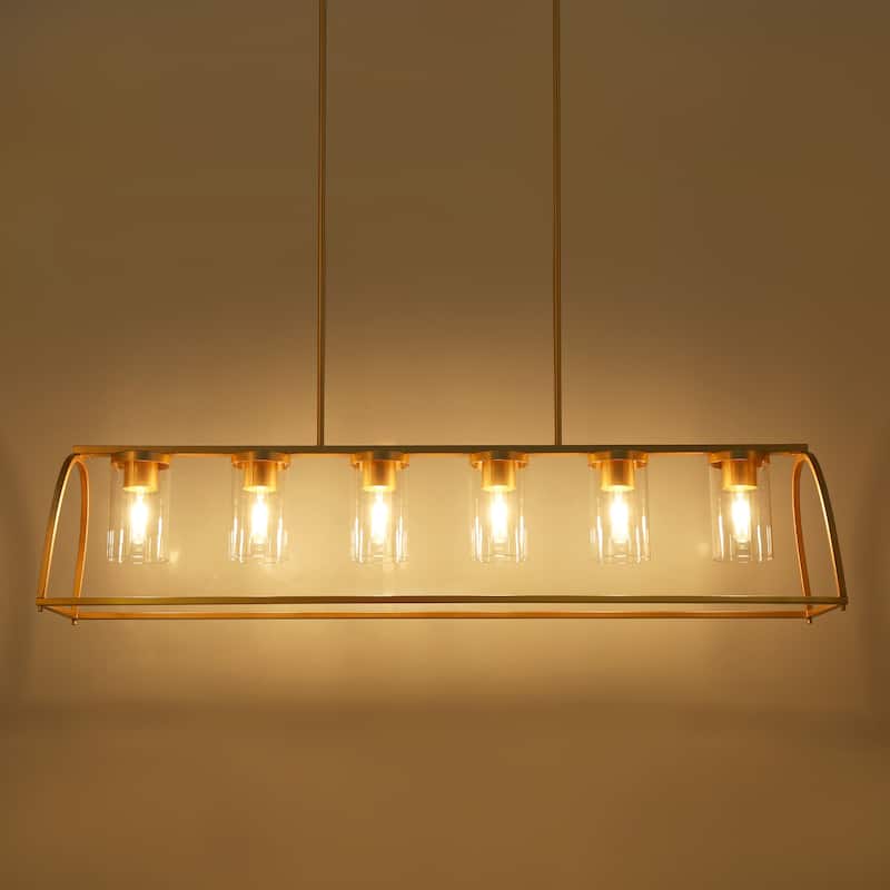 Modern Lantern 6-Light Island Farmhouse Chandelier Linear Pendant with Cylinder Glass - 51.2"W x 9.8"D x 25.8" - 75.8"H