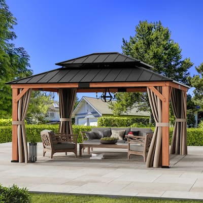 Wood Gazebo 13' x 15', Cedar Framed Grill Gazebo with Netting and Curtain