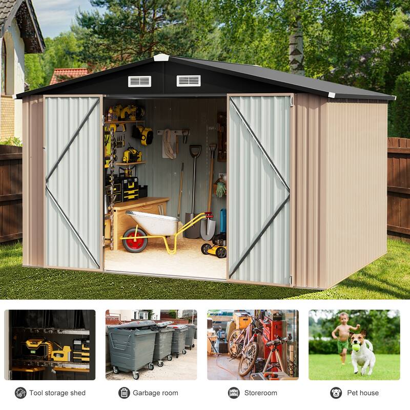 8 x 10 FT Patio Metal Storage Shed with Vents and Doorknobs