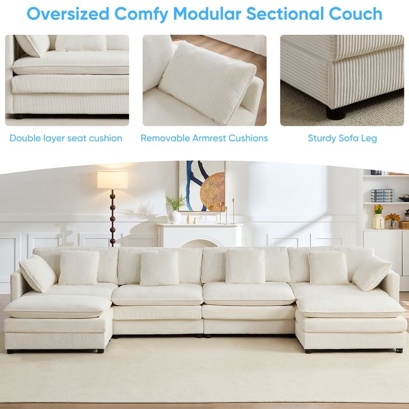 Mixoy 148''Oversized Modular Sectional Sofa, U-Shaped 6-Seater Corduroy Upholstered Deep Seat Sofa with 2 Movable Ottomans - 4+2