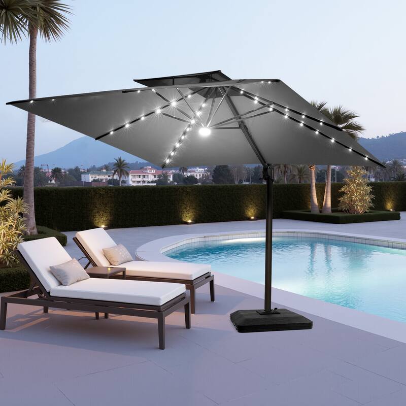 VredHom 11X11 FT Outdoor Square Cantilever Patio Umbrella Aluminum Solar LED Light with HDPE Base - DarkGrey