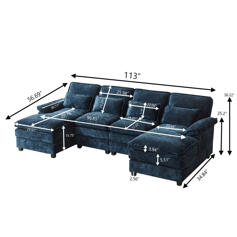 113 Inches Oversized Double Layer Cloud Design U Shaped Sofa with Double Chaise