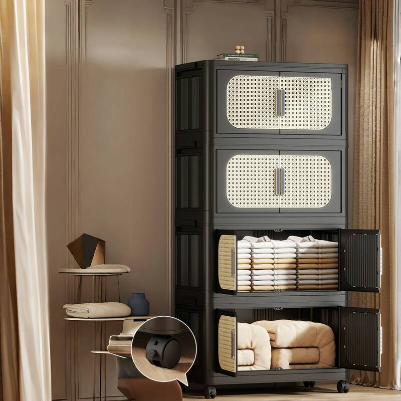 4-Tier Retro Black 20" Side Wide Folding Storage Cabinet