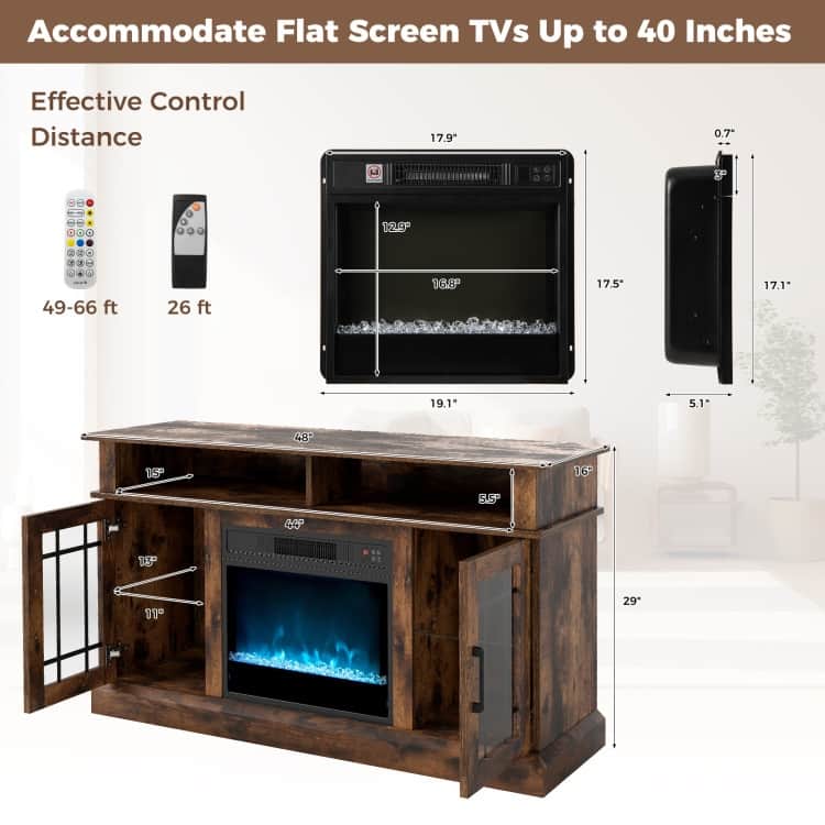 MDF Fireplace TV Stand with RGB LED, Remote and Storage - 48" L x 16" W x 29" H