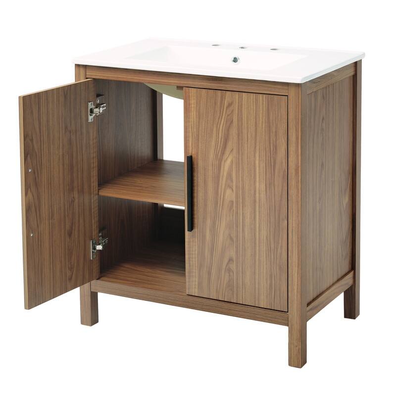 30" Wood Color Bathroom Vanity with Single Sink,Solid Wood Frame