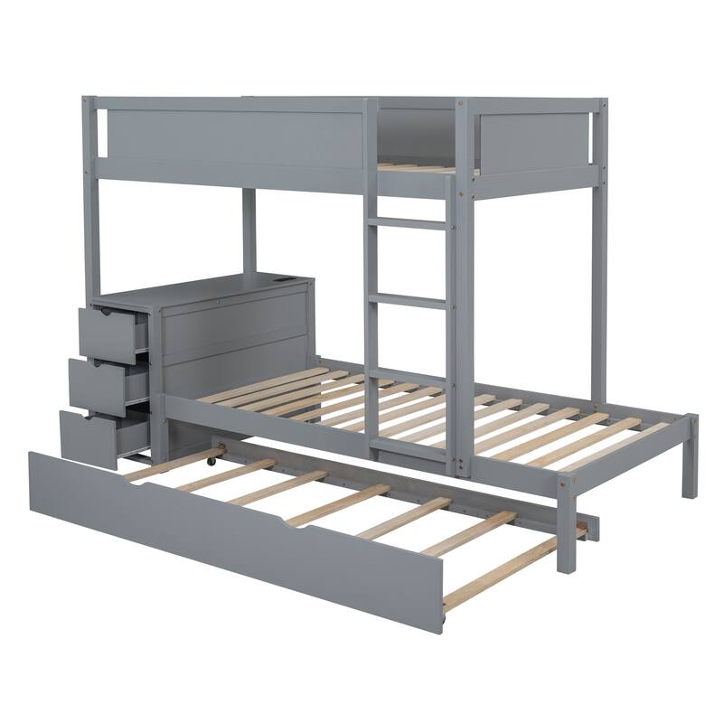 Twin-Over-Twin Bunk Bed with Trundle, Storage, and Desk in Gray