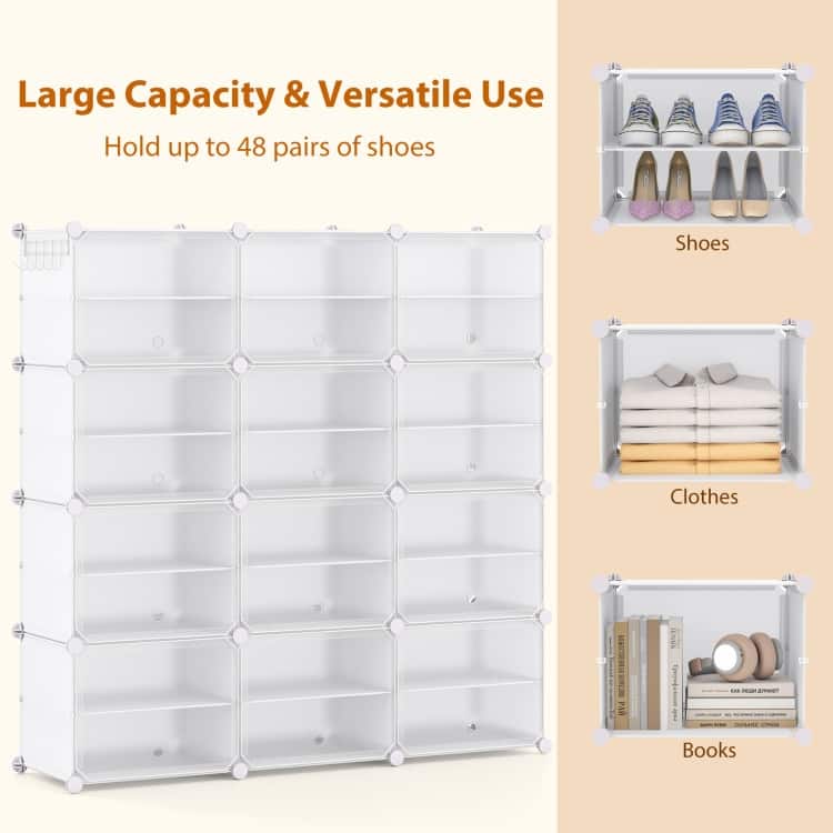 12-Cube Modular Shoe Rack Cabinet with Hooks & Doors - 49" x 12.5" x 49" (L x W x H)