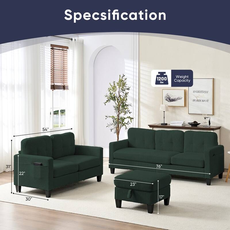Mixoy 76'' L-Shaped Sofa Set,Corduroy Sectional Sofa,Mid Century 3-Seater Sofa with Storage Ottoman/Loveseat/Single Sofa
