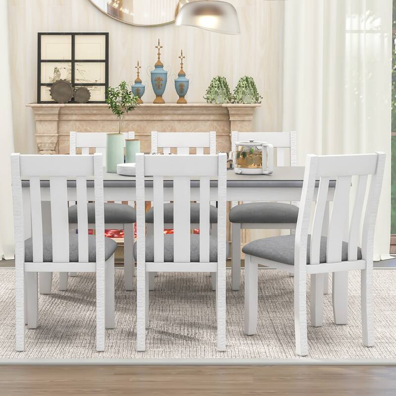 Retro Style 7-Piece Dining Table Set with Extendable Table and 6 Upholstered Chairs