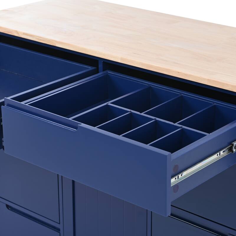 Kitchen Island with Wooden Top, Mobile Island on Locking Wheels, Rolling Cart with Flatware Organizer & 8 Handle-Free Drawers