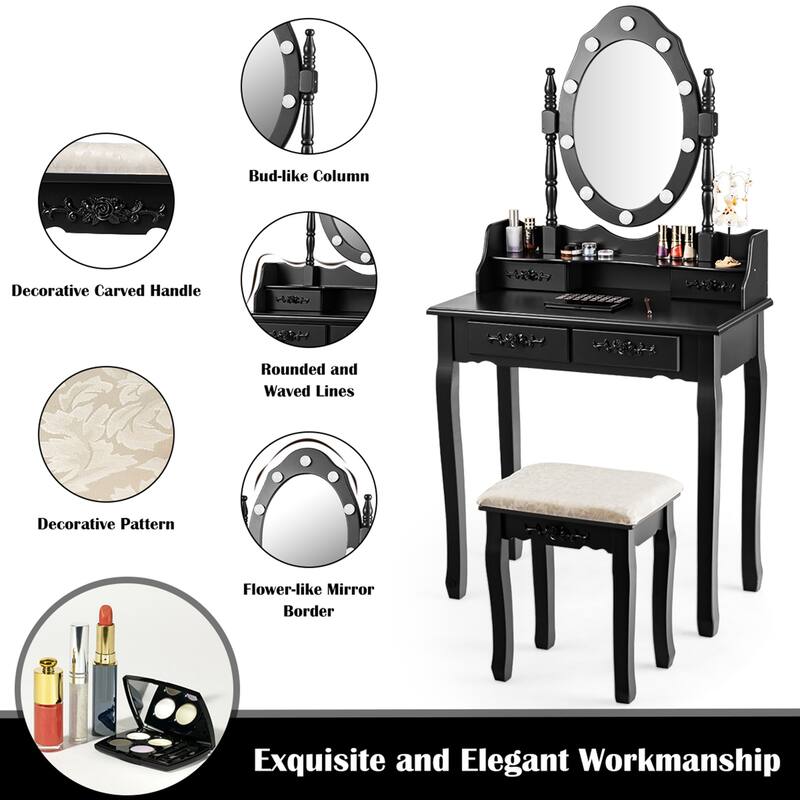 Gymax Makeup Vanity Dressing Table Set w/10 Dimmable Bulbs Cushioned - See Details
