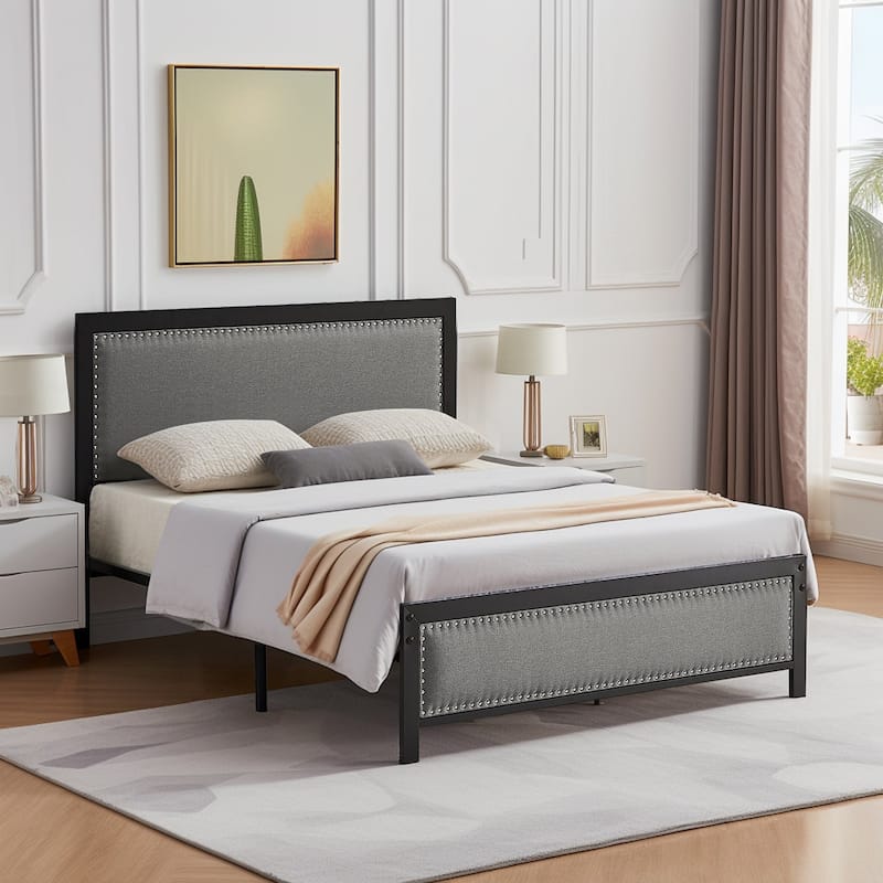 VECELO Bed Frame with Upholstered Linen Headboard and Footboard Heavy-Duty Platform with Strong Metal Slats