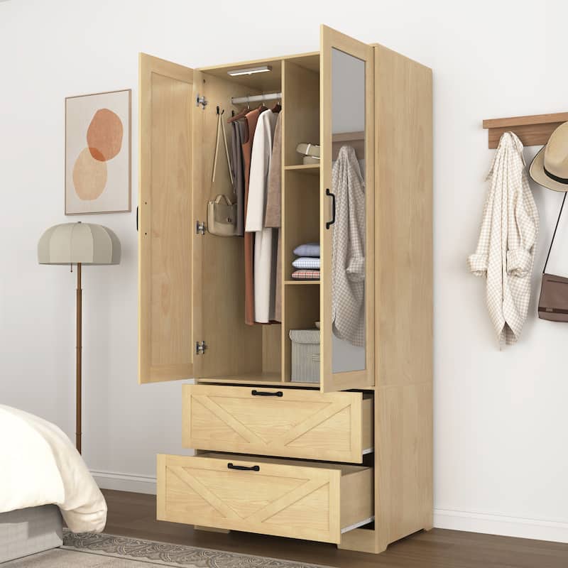 2-Door Wood Wardrobe for Bedroom with Hanging Rod, 2 Drawers, Built-in Induction Light & Mirror