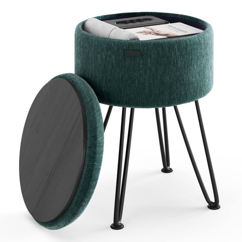 Emperyan Textured Velvet Round Ottoman with Hidden Storage - 17" x 13" - Green/Black Legs