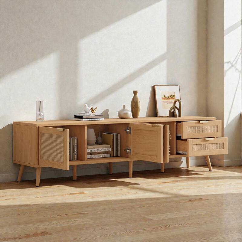 70" Rattan TV Stand for TVs up to 80", Modern Media Console with 2 Drawers, Storage Cabinets & Cable Holes, Solid Wood Legs