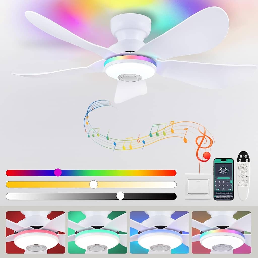 Kviflon 36/46 inches RGB Flush Mount Ceiling Fan with Light and Remote and Speaker-White