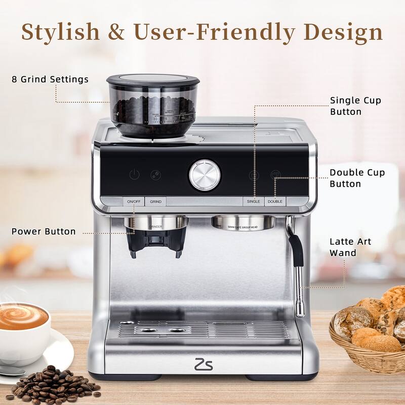 1450W 20 Bar Espresso Machine with Grinder and Milk Frother