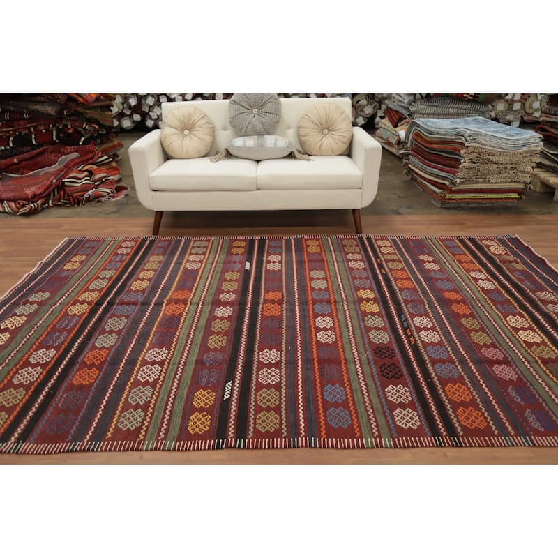 Hand Woven Oriental 100% Wool Carpet Southwestern Tribal Multi-Colored Kilim Area Rug - 10' 2'' X 6' 4''
