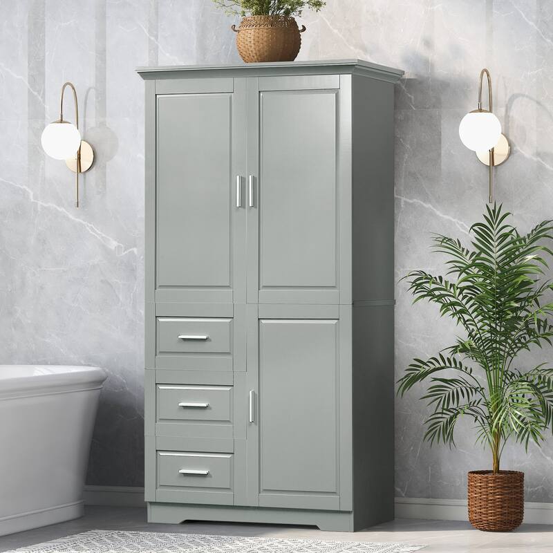 Freestanding Floor Storage Cabinet with 3 Door, 3 Drawers, Long Bar Handles and Adjustable Shelf for Office Living Room Bathroom - Grey