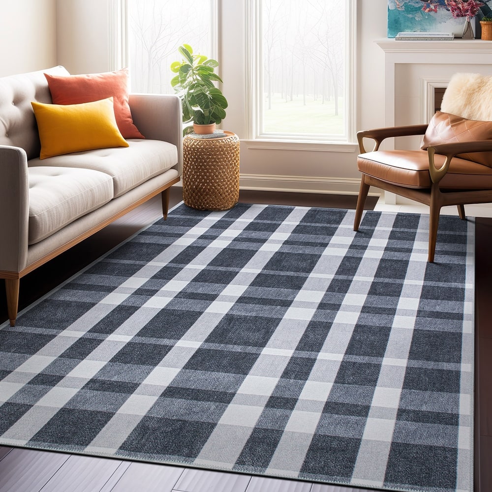 Modern Plaid Machine Washable Area Rug