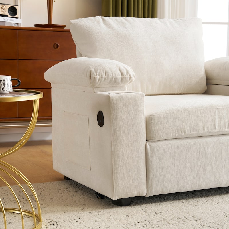 Modern Chenille Fabric Sofa Bed with Cupholders and USB Charging Ports